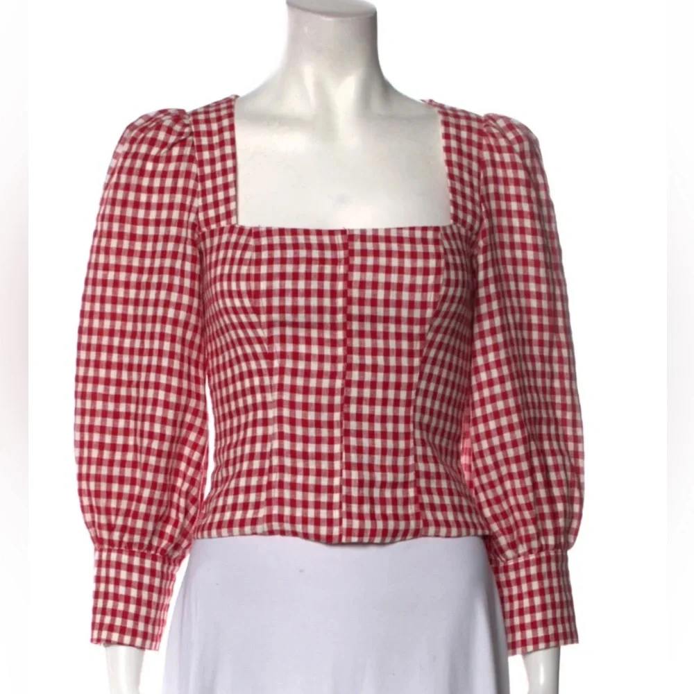 Reformation Red Gingham Puff-Sleeve Square-Neck linen Top